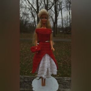 Hand Crocheted Red and White Barbie Doll Dress and Purse